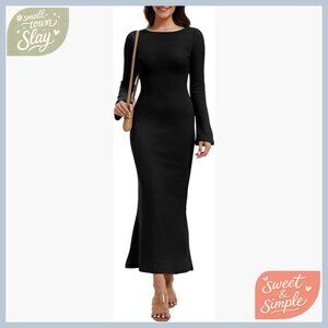Long Sleeve Ribbed Knit Maxi Dress Bodycon Fitted Pull On Winter Outfit